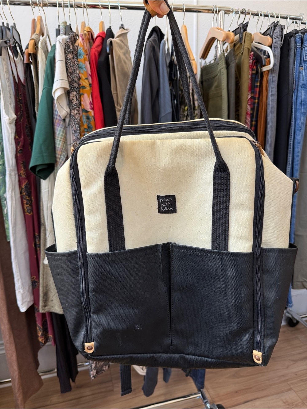 Petunia Pickle Bottom Two-Tone Canvas & Faux Leather Tote - Black and Cream